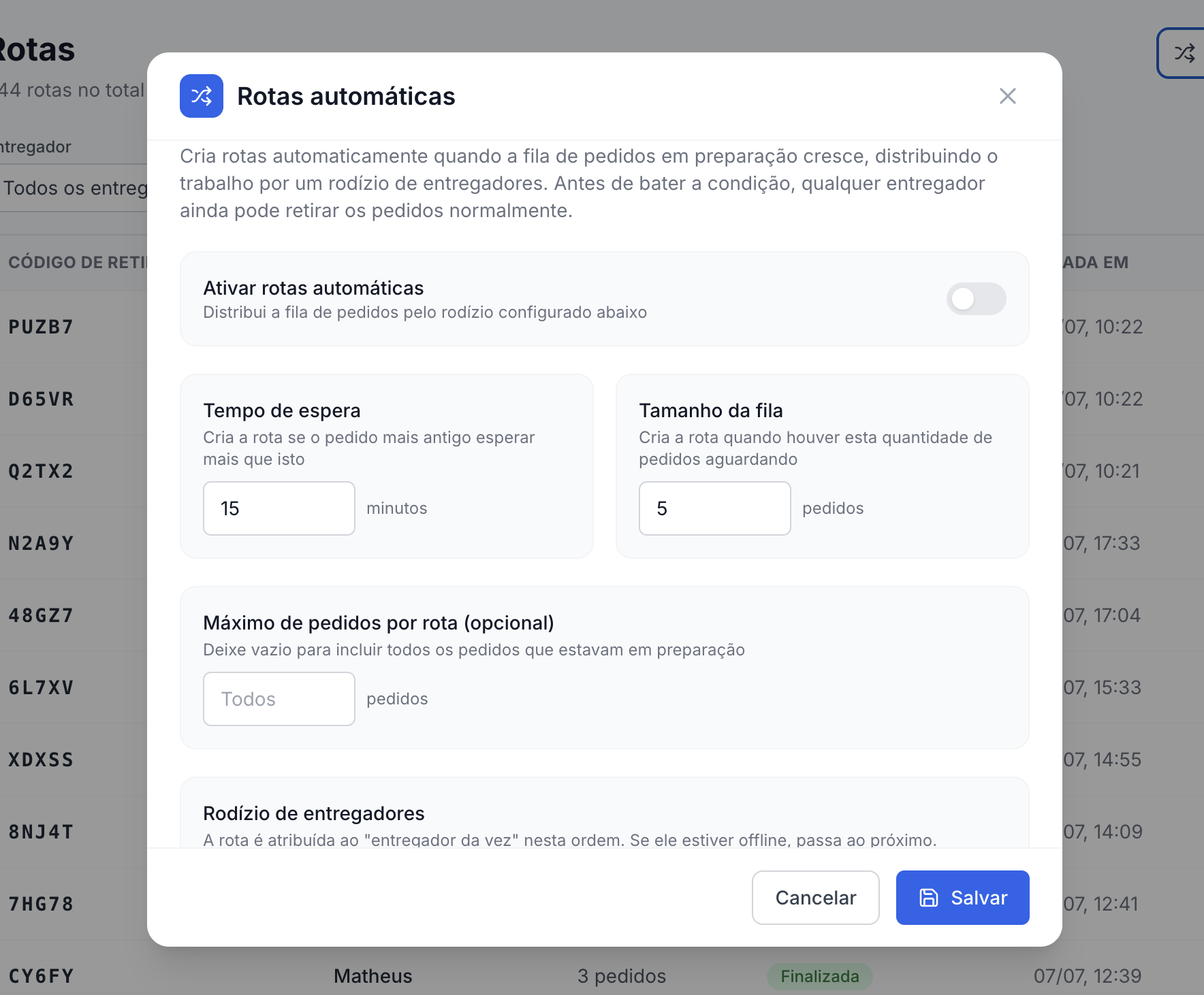 Tela de configuração das rotas automáticas: rodízio de entregadores, tempo de espera e tamanho da fila