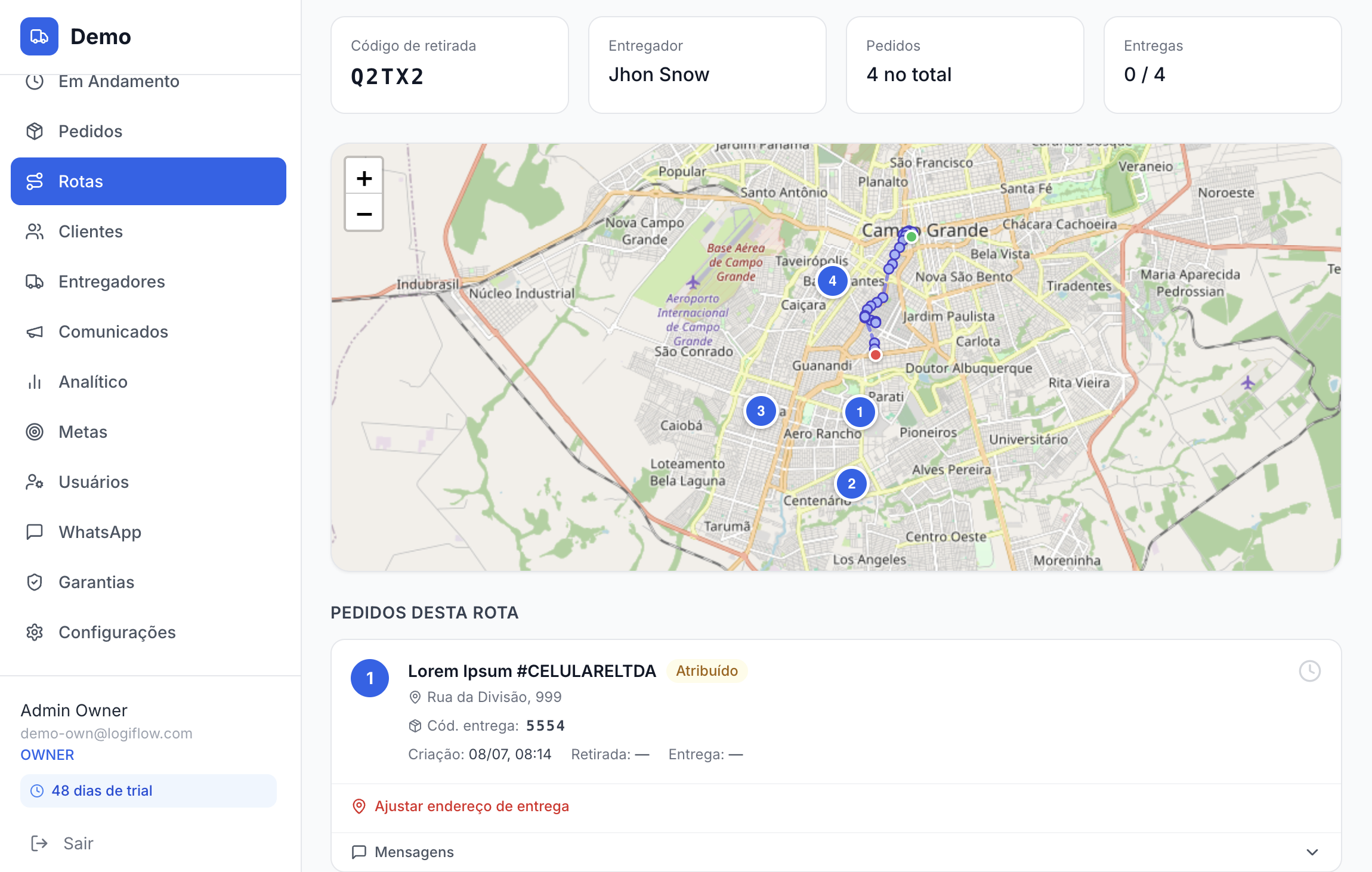 Detalhes de uma rota no painel: mapa com as paradas numeradas, entregador atribuído e lista de pedidos